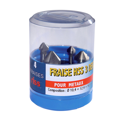 Coffret plast 4 fraises hss coniques 3 dents