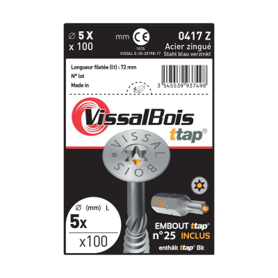Boite de 100 vis agglo zinguées à filetage partiel torx/ttap ailette 120mm - diam 5 mm