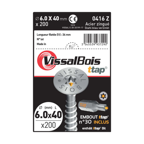 Boîte de 200 vis agglo Torx30 zinguées à filetage partiel torx/ttap ailette 40mm - diam 6 mm
