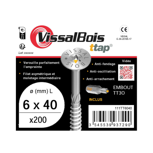 Boîte de 200 vis agglo Torx30 zinguées à filetage partiel torx/ttap ailette 40mm - diam 6 mm