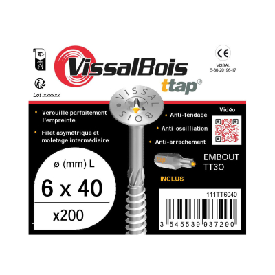 Boîte de 200 vis agglo Torx30 zinguées à filetage partiel torx/ttap ailette 40mm - diam 6 mm