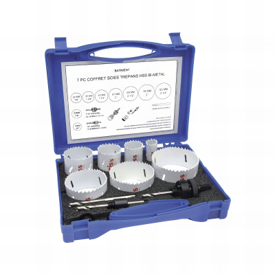 Coffret bâtiment 7 scies trépan 22/35/43/51/68/76/83 mm + Arbre de montage 14 à 30 mm