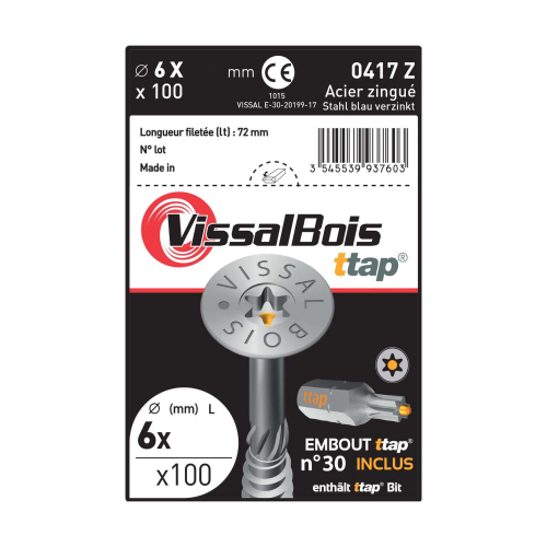 Boite de 100 vis agglo zinguées à filetage partiel torx/ttap ailette 80 à 200mm - diam 6 mm