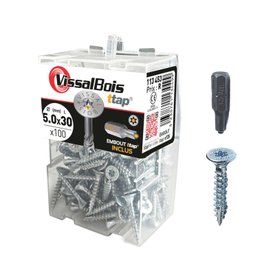 Boite de 100 vis agglo premium zinguée torx/ttap ailette longueur 30mm - diamètre 5mm