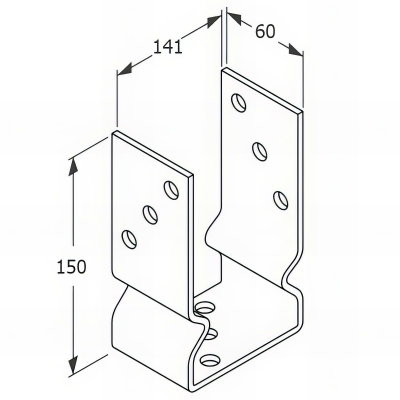 Embase pied de poteau en U avec support zinguée à visser - 141 x 150 x 60 x 4,0 mm