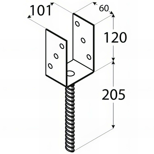 Pied de poteau lourd en U zingué à ancrer - 101 x 120 x 4 mm