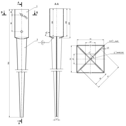 Pied de poteau de jardin carré zingué à enfoncer - 71 x 750 x 2 mm