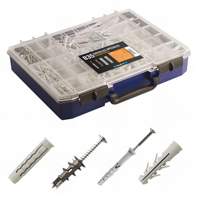 Coffret de 835 chevilles à frapper, nylon, et autoforeuses, spéciales fixation légères - COF002B - Scell-it