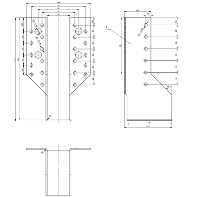 Sabot de charpente galvanisé à ailes extérieures - Larg. 38 x Ht. 171 mm