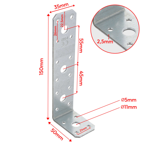 Équerre galvanisée - 150 x 50 x 35 x 2,5 mm