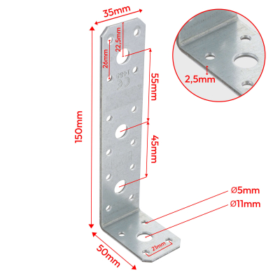 Équerre galvanisée - 150 x 50 x 35 x 2,5 mm
