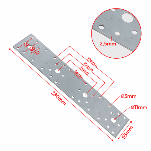 Connecteur plat galvanisé - 280 x 55 x 2,5 mm