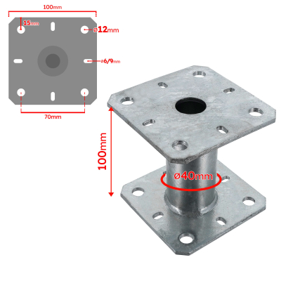 Pied de poteau à embase carré zingué à visser - 100 x 100 x 100 x 5,0 mm 2