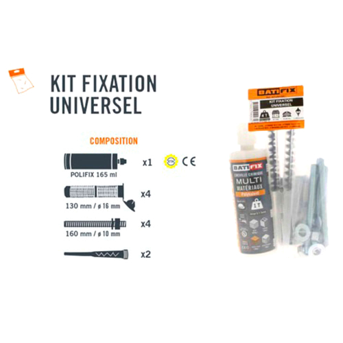 Kit scellement chimique Kitchim Universel Pl 165Ml - 4Tam 16X130 - 4 Tig 10X160 - 4 E/R - 2 Can - Sac.