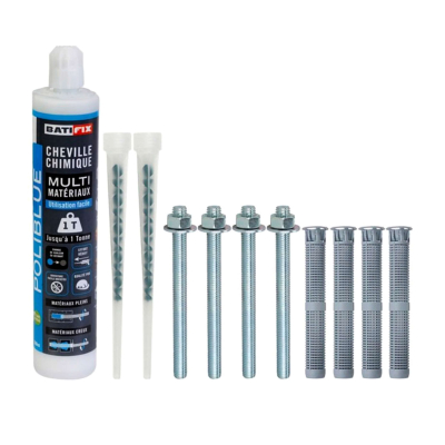 Kit scellement chimique Easy Poliblue 300ML - 4 tamis 16X85 - 4 tiges filetées 10X110 - 4 écrous - 2 canules mélangeuses 2