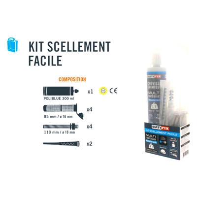 Kit scellement chimique Easy Poliblue 300ML - 4 tamis 16X85 - 4 tiges filetées 10X110 - 4 écrous - 2 canules mélangeuses