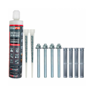 Kit scellement chimique Lourd 165ML - 4 Tamis 16X130 - 4 tiges filetées 10X160 - 4 écrous - 2 canules mélangeuses 2
