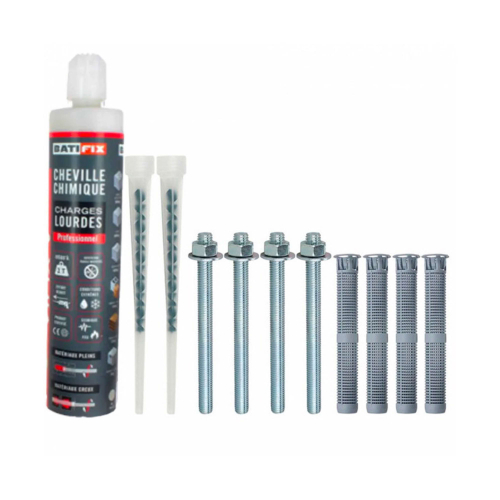 Kit scellement chimique Lourd 165ML - 4 Tamis 16X130 - 4 tiges filetées 10X160 - 4 écrous - 2 canules mélangeuses