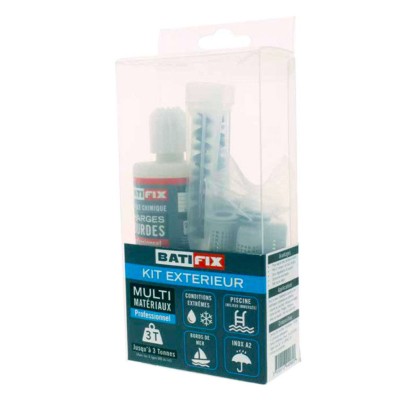 Kit scellement chimique Exterieur 165ML - 4 tamis 16X85 - 4 tiges filetées 8X110 Inox A2 - 4 écrous - 2 canules mélangeuses