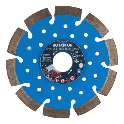 Disque diamant segments soudés Rotofor - Alésage 22,23 mm - Hauteur segment 10 mm - Coupe béton, brique, parpaing