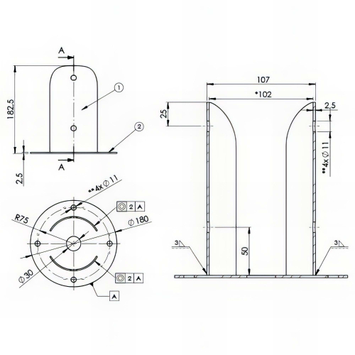 Pied de poteau fendu rond galvanisé à visser - 102 x 180 x 2,5mm