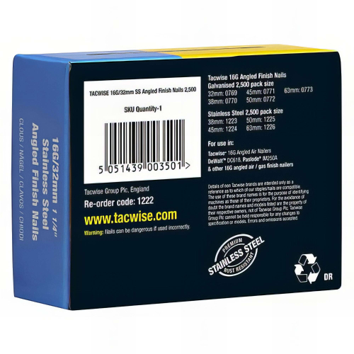 Clous de finition à angle 16 GA / 32 mm en Acier Inoxydable - lot de 2 500 pièces