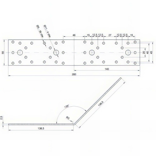 Équerre à 135° galvanisée - 140 x 140 x 55 x 2,5 mm