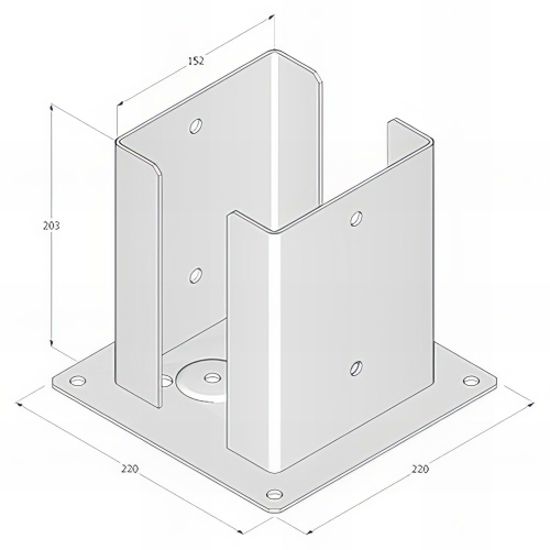 Pied de poteau fendu carré galvanisé à visser - 152 x 200 x 3,0 mm