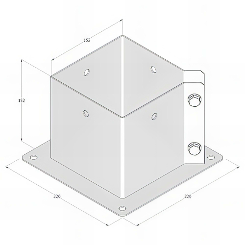 Pied de poteau fendu carré galvanisé à visser - Avec serrage sur un angle - 152 x 150 x 2,0 mm