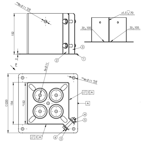 Pied de poteau fendu carré galvanisé à visser - Avec serrage sur un angle - 152 x 150 x 2,0 mm