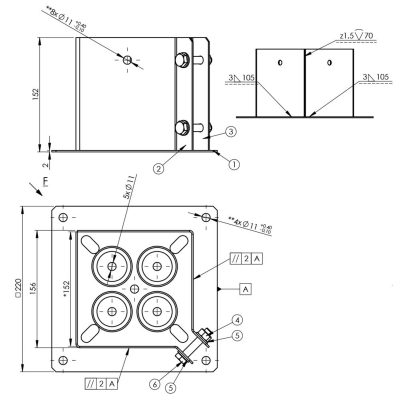 Pied de poteau fendu carré galvanisé à visser - Avec serrage sur un angle - 152 x 150 x 2,0 mm