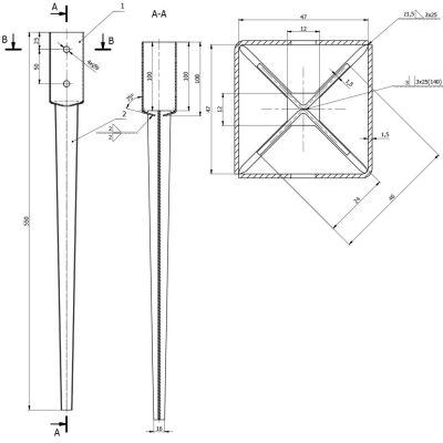 Pied de poteau de jardin carré zingué à enfoncer - 46 x 550 x 1,5 mm