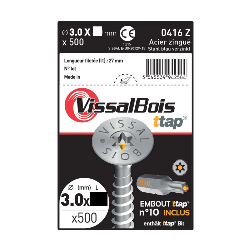 Boite de 500 Vis Agglo ttap filetage Total Zinguée Torx10 diam 3 mm