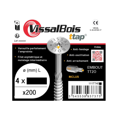 Boite de 200 vis agglo Torx20 zinguées à filetage partiel torx/ttap ailette 60/70mm - diam 4 mm