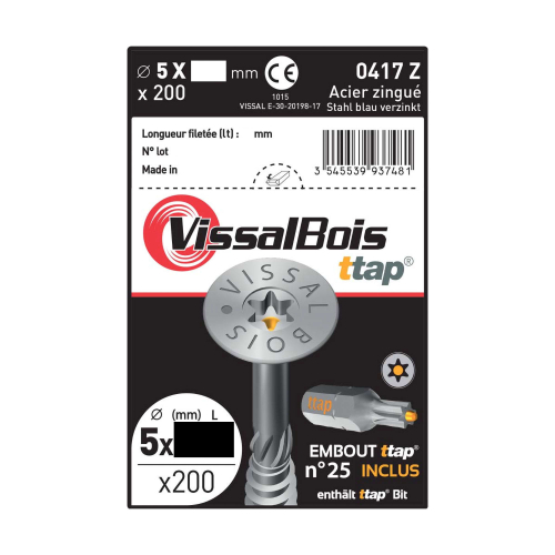 Boite de 200 Vis Agglo ttap filetage Partiel Zinguée Torx25 diam 5 mm