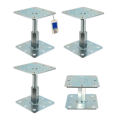 4 embases pieds de poteau réglables - Platine 100x100mm - Ht100 à 150mm - M20 - Acier galvanisé à chaud - Fabrication Européenne