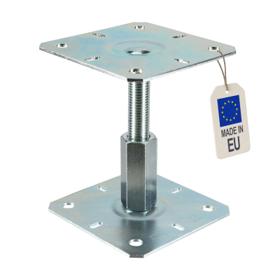 4 embases pieds de poteau réglables - Platine 100x100mm - Ht100 à 150mm - M20 - Acier galvanisé à chaud - Fabrication Européenne