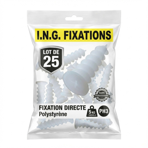25 Chevilles pour fixation directe dans les isolants polystyrène - D. 23 x 50 mm - Empreinte Embout PH3