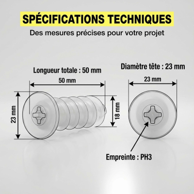 25 Chevilles pour fixation directe dans les isolants polystyrène - D. 23 x 50 mm - Empreinte Embout PH3