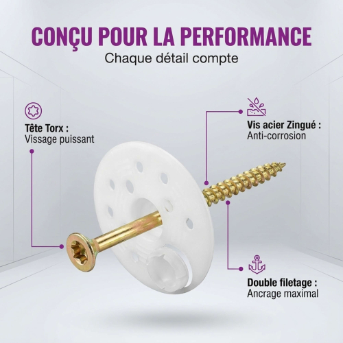 100 Rondelles d'isolation D.60 mm + Vis à bois Torx double filetage