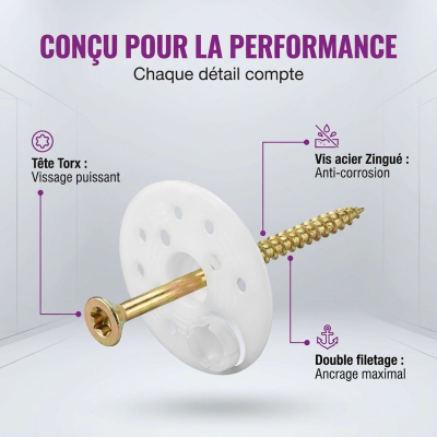100 Rondelles d'isolation D.60 mm + Vis à bois Torx double filetage
