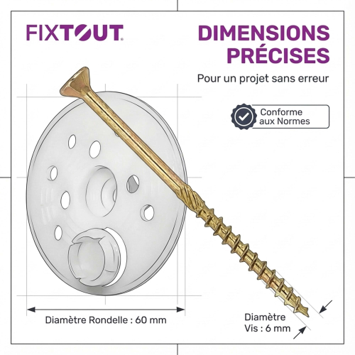 100 Rondelles d'isolation D.60 mm + Vis à bois Torx double filetage