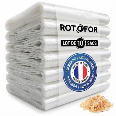 10 sacs Rotofor de récupération à copeaux et poussières de bois en plastique - Résistants - Transparents - Fabrication française