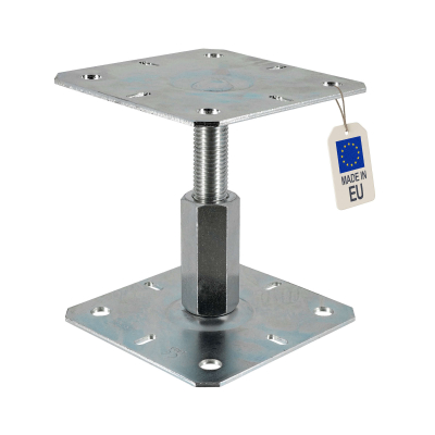 Embase pied de poteau réglable - Platine 130x130mm - M20 - Acier galvanisé à chaud - Ht de 100 à 150 mm - Fabrication  Europe