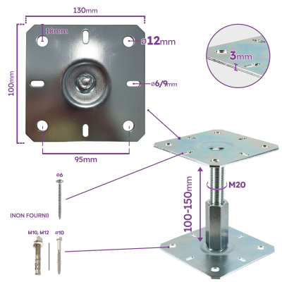 Embase pied de poteau réglable - Platine 130x130mm - M20 - Acier galvanisé à chaud - Ht de 100 à 150 mm - Fabrication  Europe 2