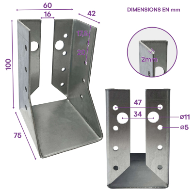 10 sabots de charpente à ailes intérieures - Larg 60 x Ht 100 mm - Connecteurs de poutres - Acier galvanisé - Fabriqué en Europe 2