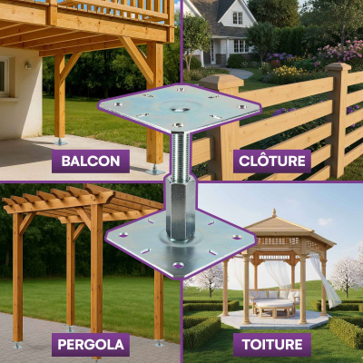 4 embases pieds de poteau réglables par vis - Platine supérieur 100x100 mm - M20 - Acier galvanisé à chaud  - Fabrication Europe