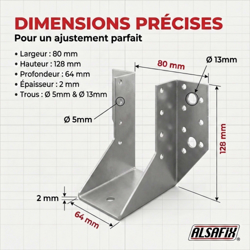 50 sabots de charpente à ailes extérieures - Connecteurs de poutres - Acier galvanisée - Larg 64 x Ht 128 mm - Alsafix