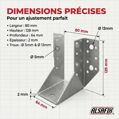 50 sabots de charpente à ailes extérieures - Connecteurs de poutres - Acier galvanisée - Larg 64 x Ht 128 mm - Alsafix