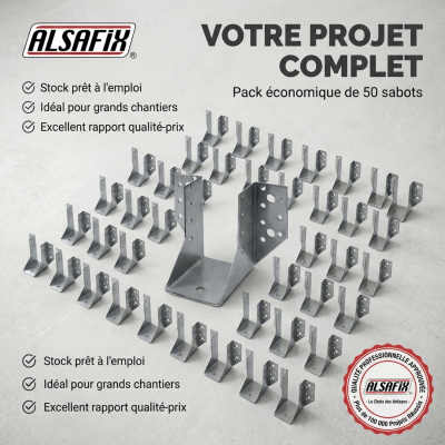 50 sabots de charpente à ailes extérieures - Connecteurs de poutres - Acier galvanisée - Larg 64 x Ht 128 mm - Alsafix